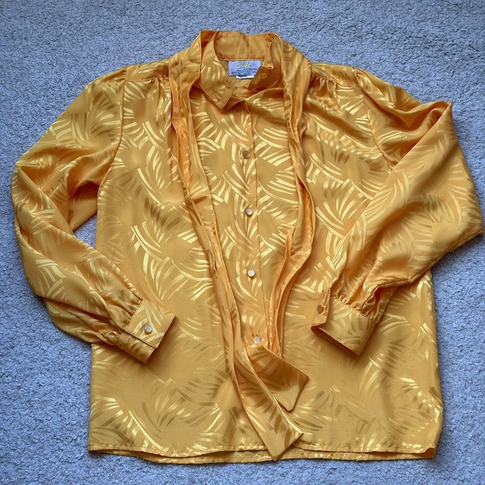 Elite International Vintage Yellow Jacquard Tie Neck Blouse Long Sleeve Size M